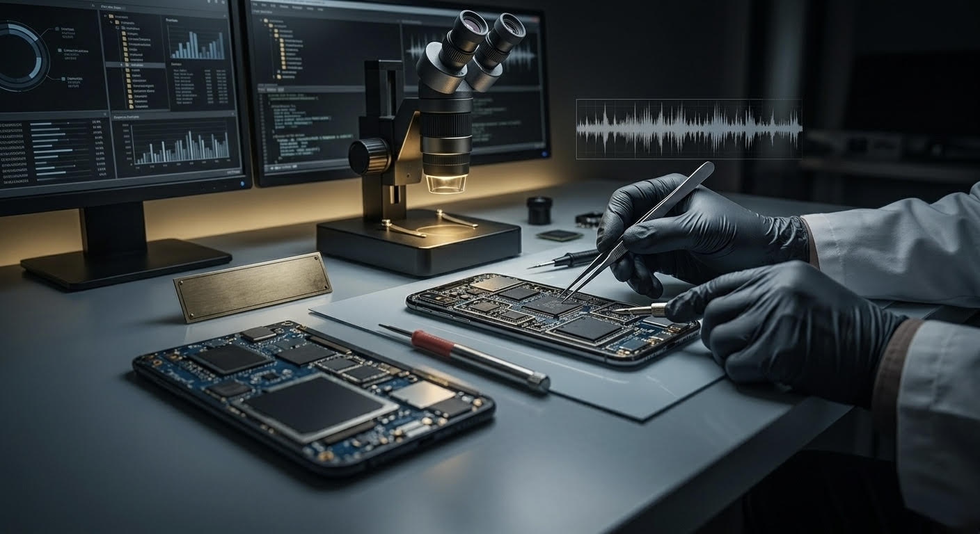 Laboratorio forense digital: análisis técnico de dispositivo móvil con microscopio y herramientas de extracción de datos